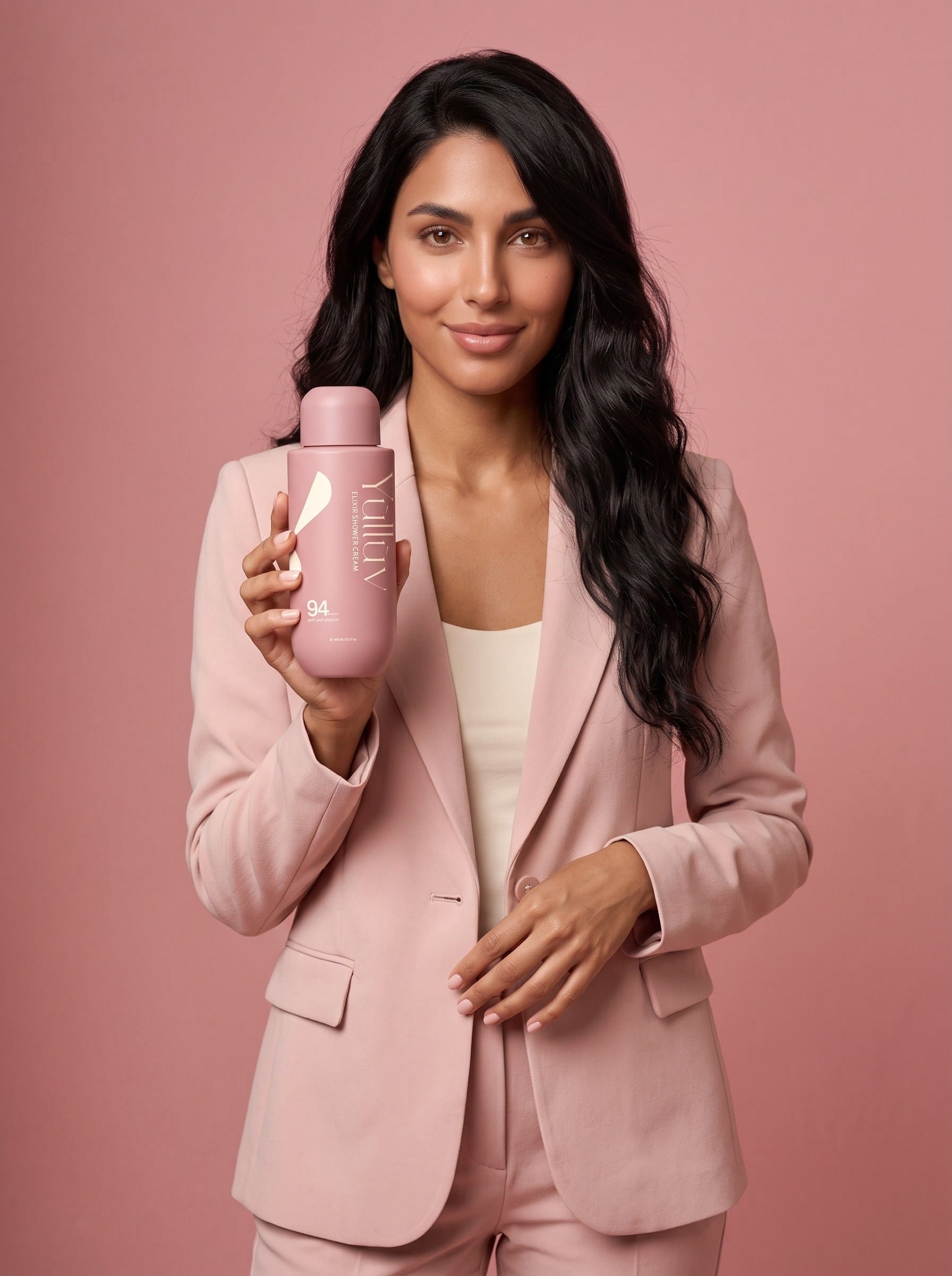 Woman in a pink suit holding the Rhythm 94 Elixir Shower Cream